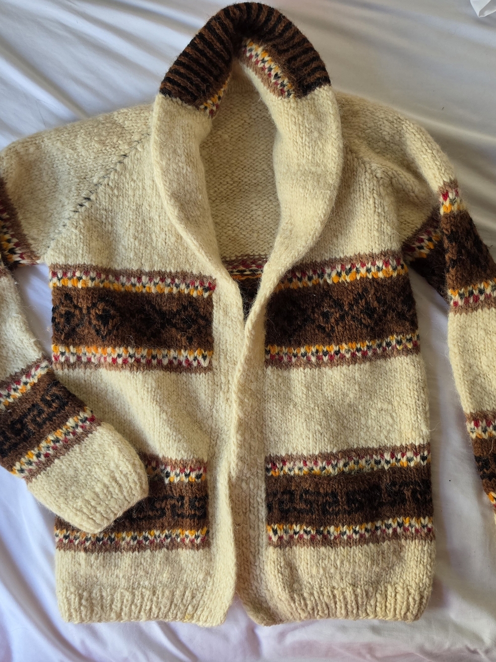 Vintage 70s Hand Knit Wool Sweater Chunky Cardigan Multicolor Size S/M